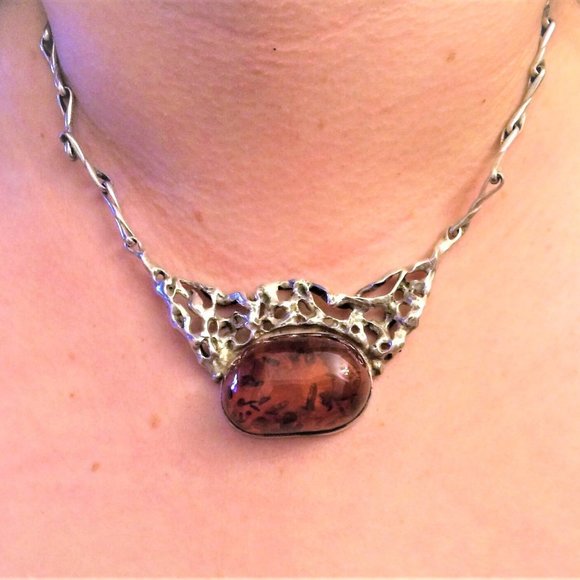 Designer Sterling Silver Russian Baltic Honey Amber Brutalist Pendant Necklace